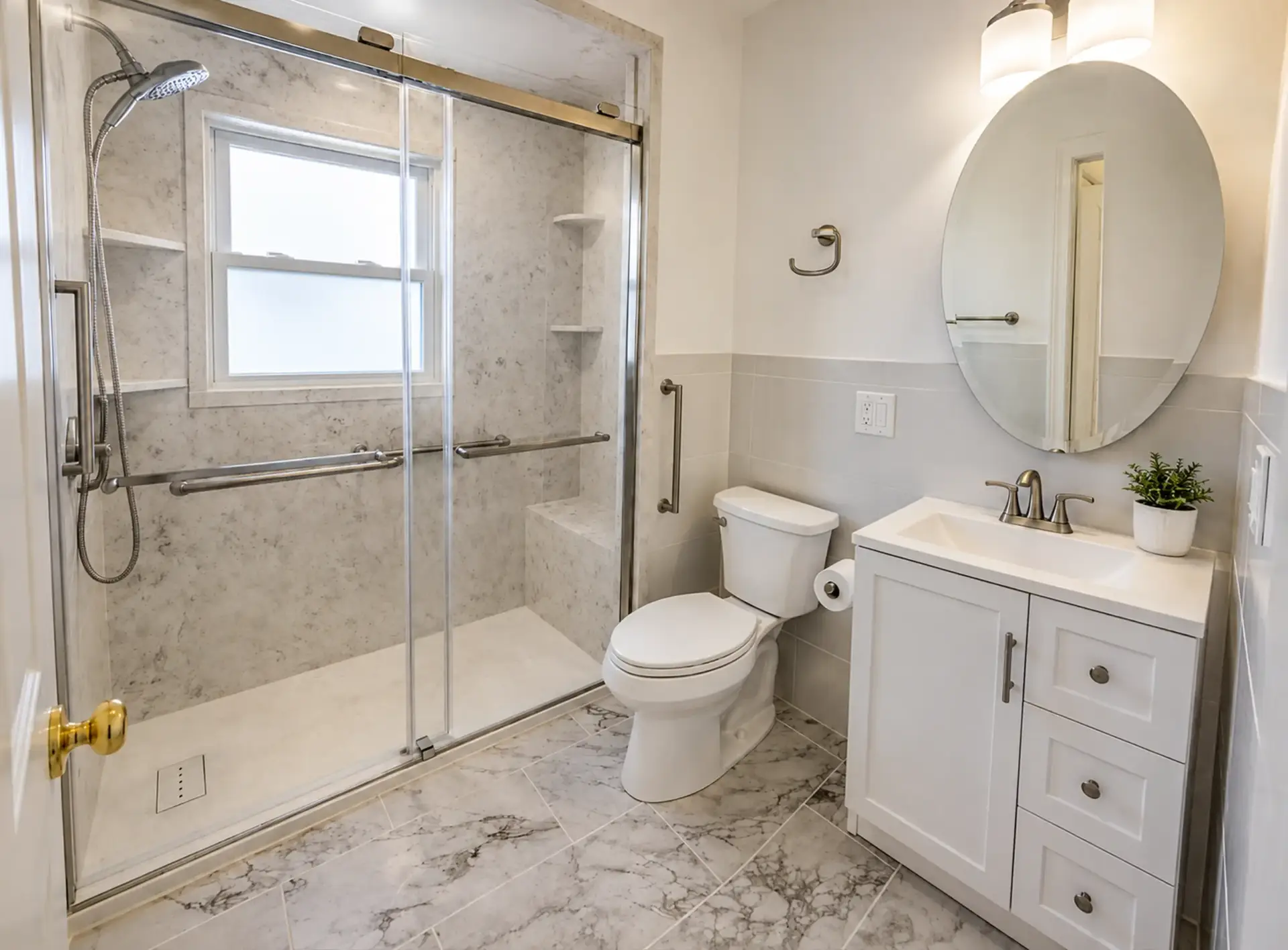 Completed walk-in shower and bathroom remodel by BML Construction
