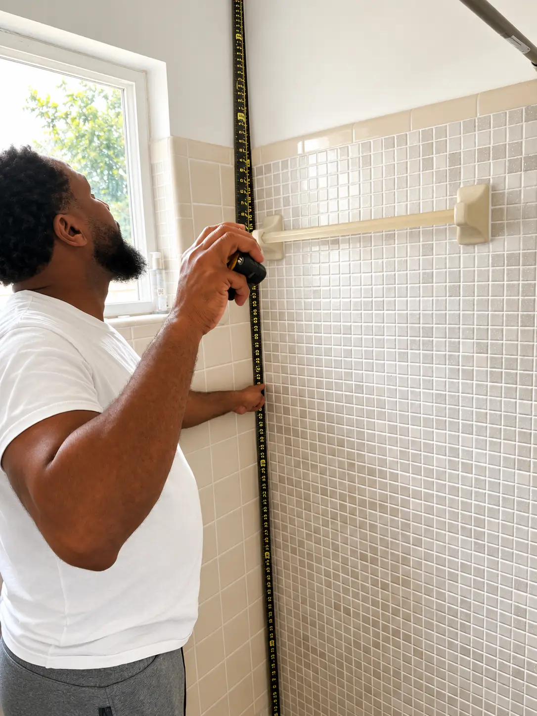 Brent of BML Construction measuring a shower wall during a bathroom project